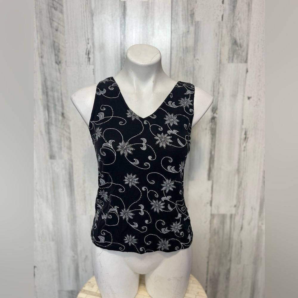 Blu Sage Tank Top Womens Large Black Silver Glitter Floral Swirl V-Neck Vintage